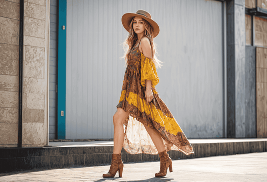 A_beautiful_young_woman_showcases_her_style_in_a_boho_ensemble_featuring_a_flowing_boho_dress_ankle_boots_and_a_wide-brimmed_hat - The Fashion Project