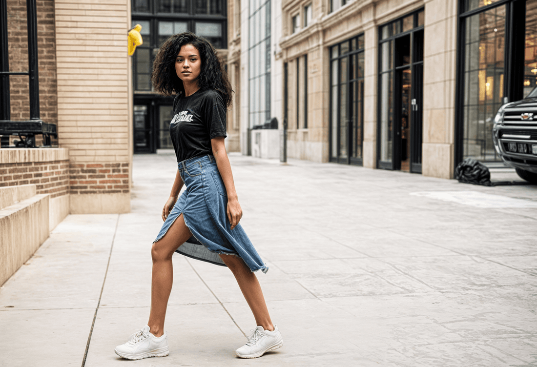 Embracing_simplicity_with_a_classic_black_tee_paired_with_a_denim_skirt_for_a_timeless_look - The Fashion Project