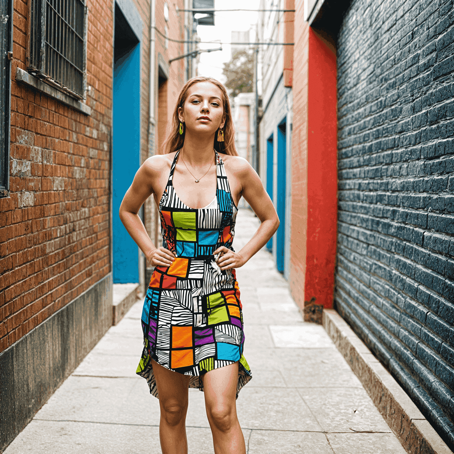 A_woman_confidently_posing_in_a_colorful_funky_dress_in_an_urban_alleyway_surrounded_by_textured_walls_creating_a_bold_contrast_between_her_vibrant_style_and_the_gritty_backdrop - The Fashion Project