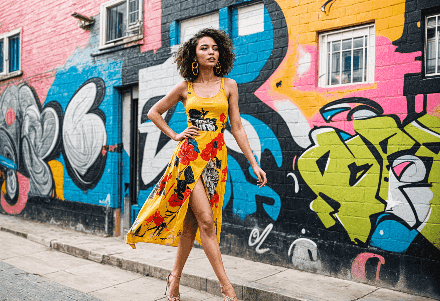 A_woman_models_a_dress_in_bold_chic_colors_reminiscent_of_the_vibrant_hues_found_in_graffiti - The Fashion Project
